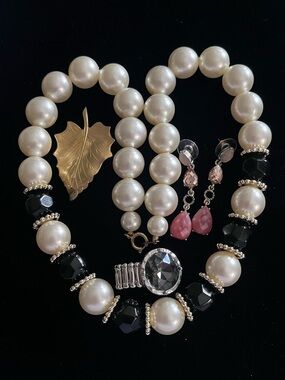 Pearl and Black Bead Necklace with Pink Drop Earrings leaf brooch and ring
